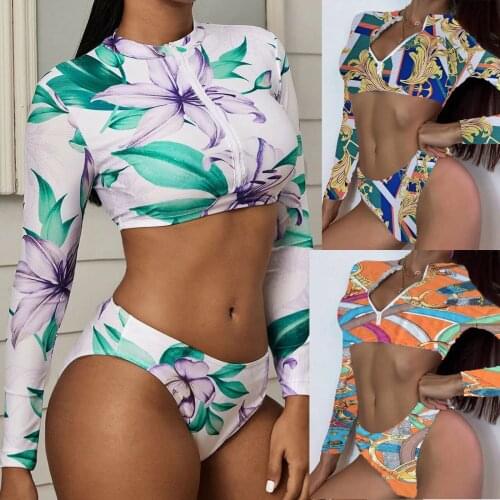 Women Swimsuit Sexy Swimwear Printed Bikini Push-up Bathing Suit Padded Tankini Long Sleeve Bikinis Set Zipper Beachwear Swim