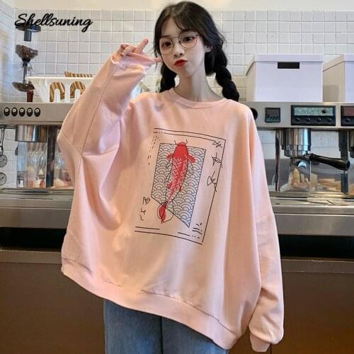 Shellsuning Fish Print Women Loose Sweatshirts Round Neck Long Sleeve Pullovers New Loose Korean Style All-match Streetwear