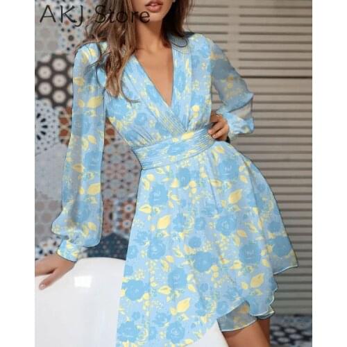 Women Floral Print V-Neck Long Sleeve Dress