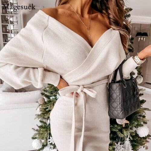 New Fashion Long Sleeve Dress Women Elegant V-neck Sexy Knitted White Dress Female Loose Casual Dresses Women Femme Robe 12833