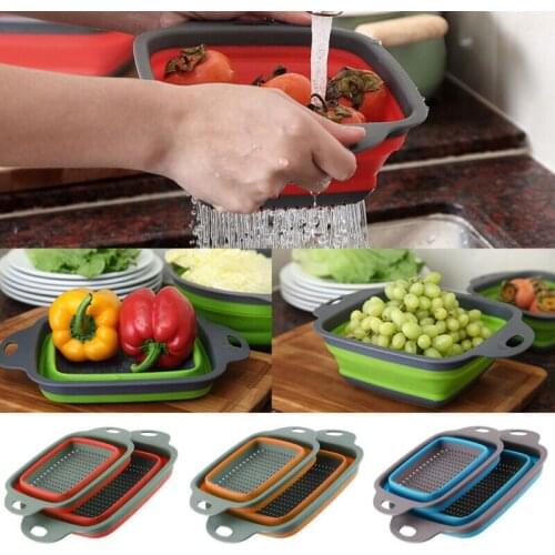 2pcs/set Foldable Silicone Colander Collapsible Washing Basket Draining Strainer Basket With Handle Kichen Accessories Tools