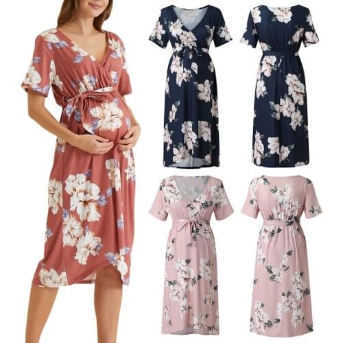 2020 Fashion printed short-sleeved maternity dresses Breastfeeding dress Floral Nursing dress Clothes for pregnant women Q0608
