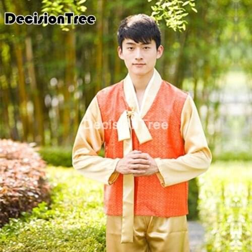 2021 korean traditional hanbok sets ethnic clothing for men dance photography stage satin v neck printing male costume suit
