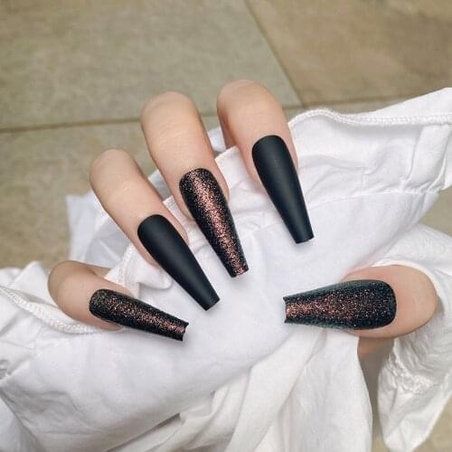 24pcs/box Fake Nails With Glue Black Glitter Type Removable Long Coffin Style Fashion Manicure Save Time False Nails Press On DL