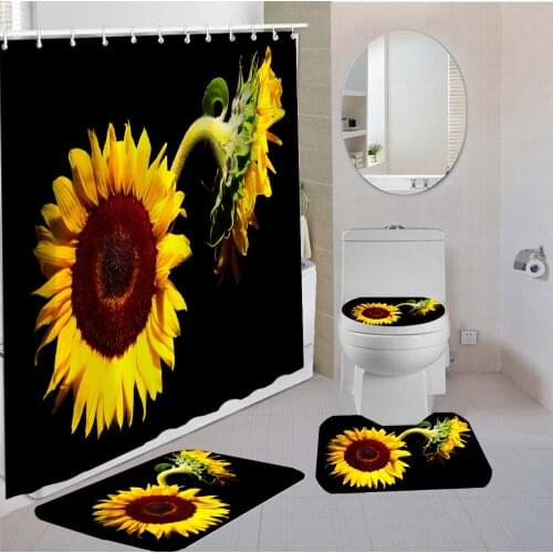 4 Pieces Sunflower Shower Curtain Plants Toilet Seat Yellow Sunlight Baby Shower Curtain Bath Carpet Bathroom Decoration