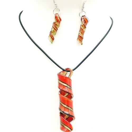 Free Shipping Wholesale 3Sets Red Swirl Lampwork Glass Pendant Necklace Earrings Set, Fashion Jewelry SetS