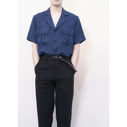 [Customization] Big yards mens clothing! 2021 Summer navy linen short-sleeved shirt