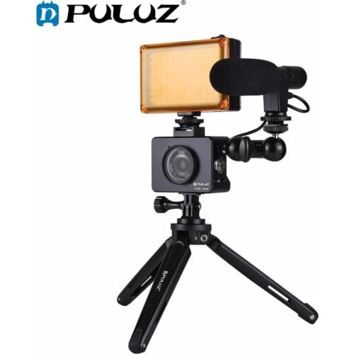 PULUZ for Sony RX0 Housing Shell Aluminum Cage+Swivel Ball Head Magic Arm+Desktop Tripod Mount+Photo Studio Light+Microphone Kit