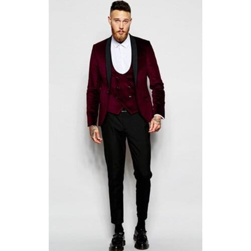 Latest Coat Pant Designs Burgundy Velvet Prom Men Suit Slim Fit Groomsmen Tuxedos Blazers Groom Party Suits (Jacket+Pants+Vest)