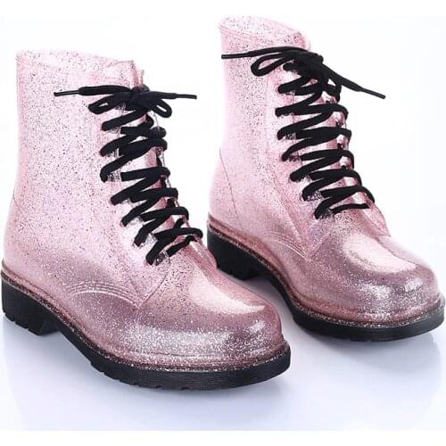 2019 New Fashion Girls Rainboots Transparent Lace-Up Jelly Rain Boots Women Waterproof Martin Boots Non-Slip Ankle Water Shoes