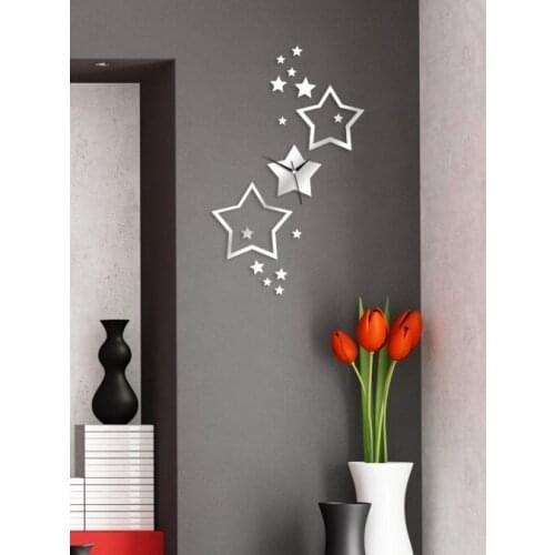 New CREATIVE star wall mirror clock decoration , wall clock mirror ,3d quiet wall clock sticker