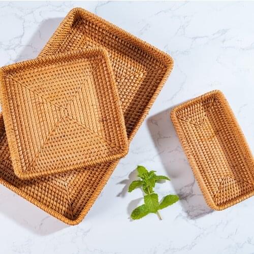Handwoven Rattan Storage Tray With Wooden Handle Square Wicker Basket Bread Food Plate Fruit Cake Platter Dinner Serving Tray