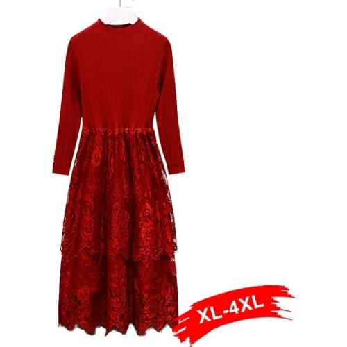 Turtleneck Plus Lace Size Stitching Knitted Sweater Dress 5XL Fall Half High Collar Long Sleeve Midi Knitting Dresses Ropa Mujer