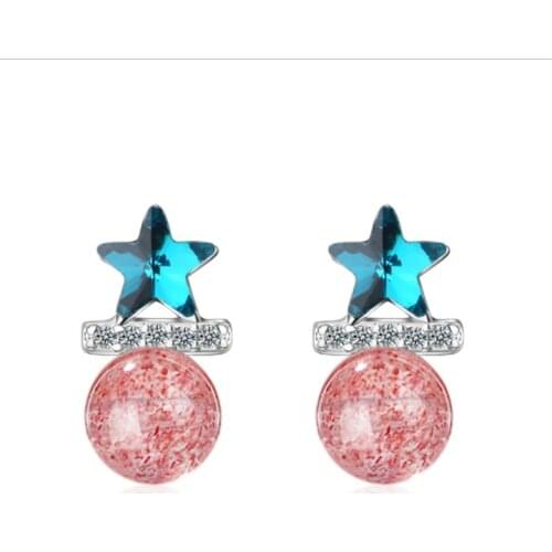 Strawberry Crystal Star Fashion Korean Sweet Pentagram Blue crystal Temperament silver plated Stud Earrings WE003