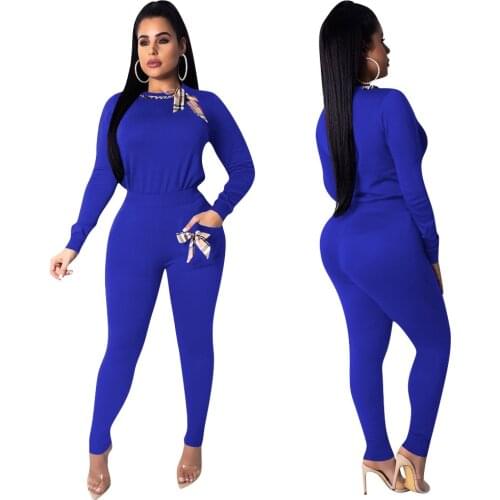 Blue Sports Two-piece Sets Long Sleeve O-neck Full Pants Suit Nightclub Clothes Women Fashion Casual Outfit High Waist Tracksuit
