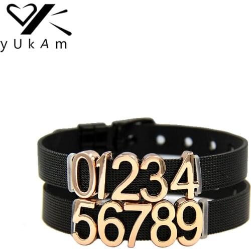 YUKAM Rose Gold 10mm Sliders Digital Number 0-9 Slide Charms Keeper for Mesh Bracelets Wristbands Necklaces DIY Jewelry Making