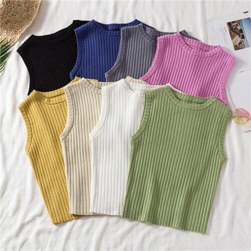 Womens Slim Sheath Elastic O-neck Crop Tops Female Knitted Tank Top Sleeveless Basic Solid T shirts for Girl