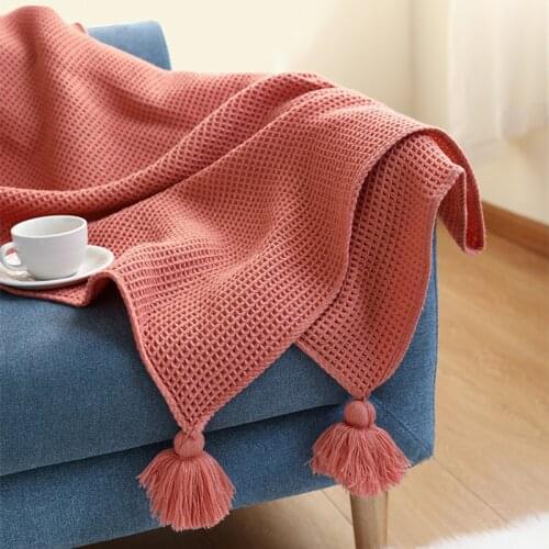 Waffle Throw Knitted Blanket with Ball Plaid on The Sofa Bed Cover Office Nap Shawl Solid Color Nordic Decorative Bed Blankets