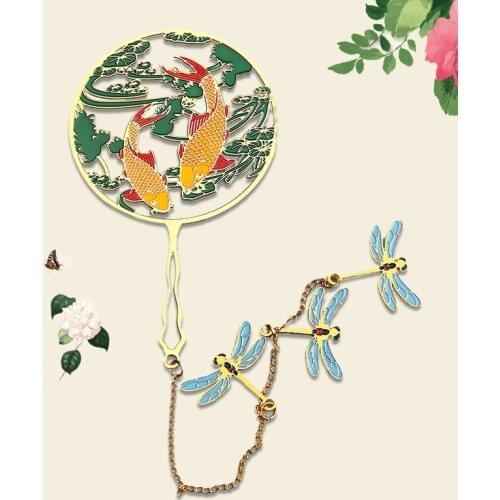 Chinese style bookmarks Classic fan-shaped brass hollow bookmarks Holiday gifts student stationery fish flowers Wedding souvenir