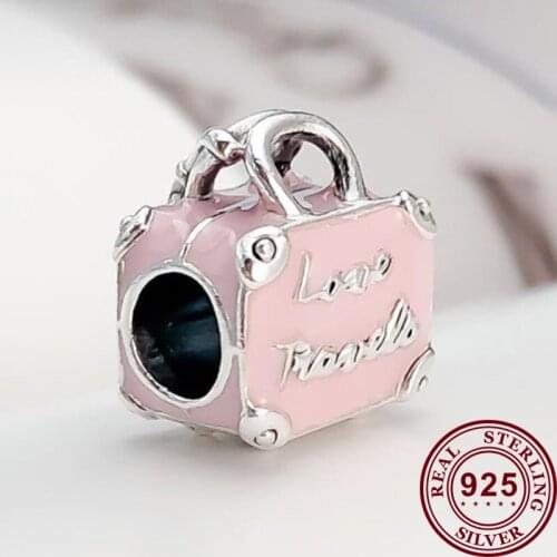 100% 925 Sterling Silver Bead Bright Pink Travel Bag Beads Fit Pandora Women Bracelet & Necklace Diy Jewelry