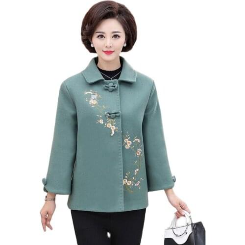2021Middle-aged Women Woolen Coat Autumn Winter Jacket Female Short Embroidery Wool Coat Outerwear Casual Plus Size Overcoat