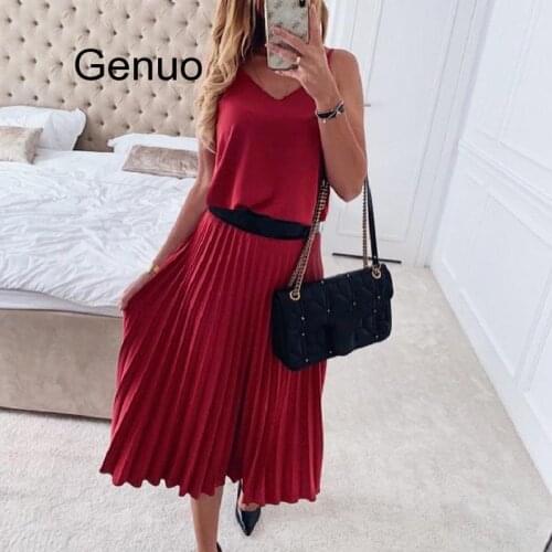 2020 Women Summer Sexy V-Neck Party Dress Elegant Spaghetti Strap Female Pleated Office Dresses Female Pink Midi Dress