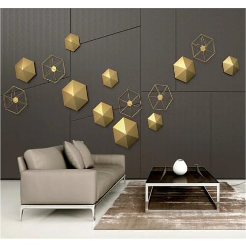 3d three-dimensional golden hexagon frame wood grain metal geometric background wall custom wallpaper 8D wall covering