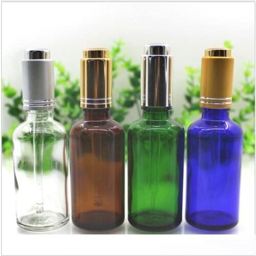 50ml 50pcs transparent/blue/green/brown glass bottle with silver pump dropper essential oil serum liquid skin care cosmetic pack