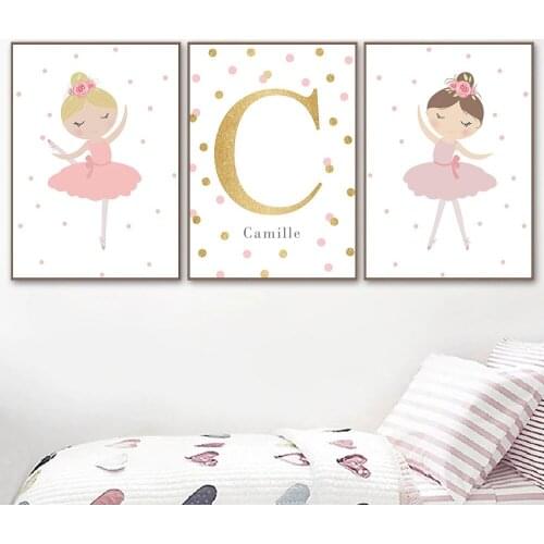 5D Diamond Painting Dancing Girl Wall Art Personalized Name Posters Nursery Wall Poster Nordic Custom Name Baby Girl Room Decor