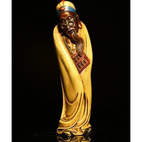 8"China Lucky Old Boxwood Painted Hand-carved Landlord Statue Hold an abacus Plan carefully Office Ornaments Town House