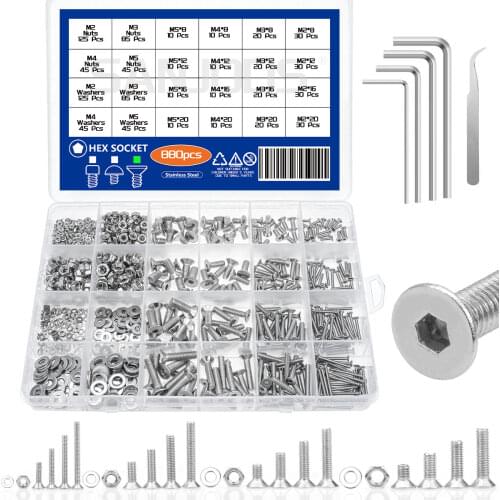 M2 M3 M4 M5 Flat Head Socket Cap Screws 304 Stainless Steel Cap Bolts Nuts Washers Assortment Kit, Allen Socket Drive 880 Pieces