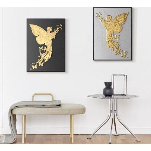 Abstract Yellow Dots Canvas Painting Butterfly Fairy Poster and Print Luxury Wall Art Black and Gold Wall Picture Home Decor