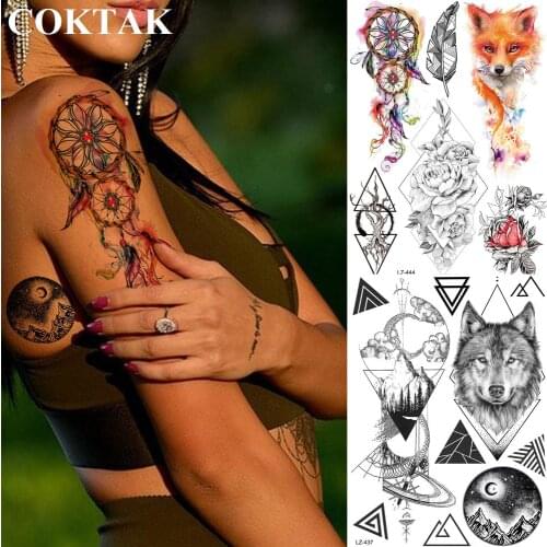 COKTAK 3D Fox Feather Dream Catcher Geometric Rose Temporary Tattoos Sticker Floral Sexy Tatoos Body Art Arm Wrist Tattoo Papers