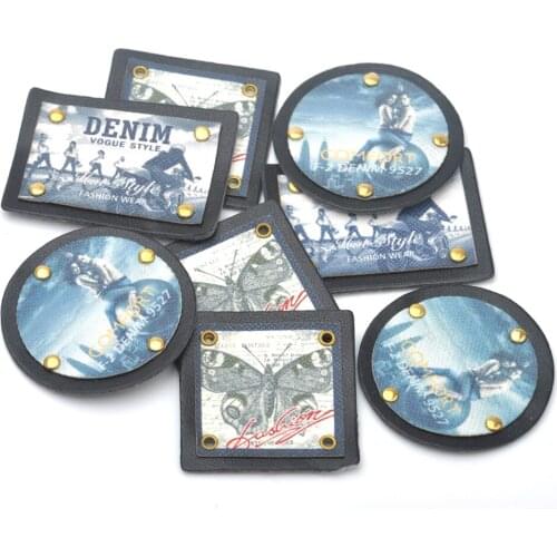 DIY 15pcs black PU leather badges sew on label patch print design denim fashion sportswear free shipping PLB-032