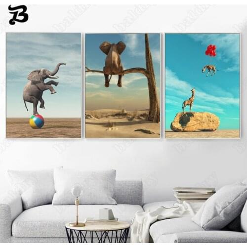 Canvas Painting for Living Room Surrealism Elephant Giraffe Wall Art Animals Posters and Prints Wall Pictures for Home Decor