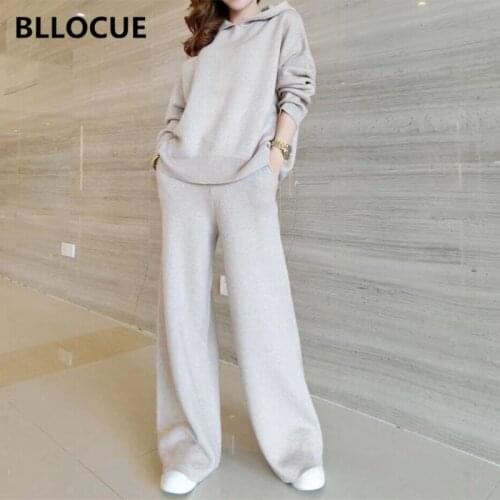 BLLOCUE 2 Piece Set Tracksuit Woman 2019 Autumn Winter Womens Long Sleeve Hooded Cashmere Sweater+Wide Leg Pant Sets