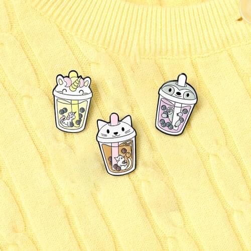 Cute Cat Afternoon Tea Enamel Pin Sloth Horse Pearl Fruity Milk Tea Brooch Clothes Lapel Pin Badge Cartoon Jewelry Gifts For Kid