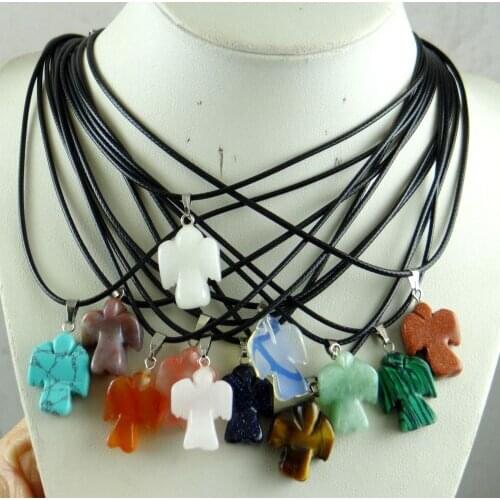 Fashion Jewelry Natural Stone Crystal Quartz Opal tiger eye Hand carved angel Pendant Leather Chains Necklace Free shipping