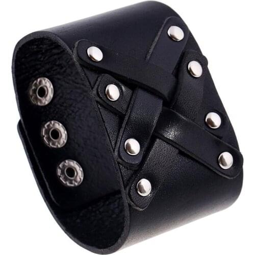 Fashion Punk Men Black Cuff Bracelet Rivets Charm Wide Genuine Leather Bangle Wrap Handmade Buckle Wristbands Rock Jewelry Gift