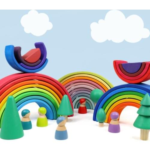 German rainbow building blocks basswood solid wood small cute big educational toys children to build Montessori ins