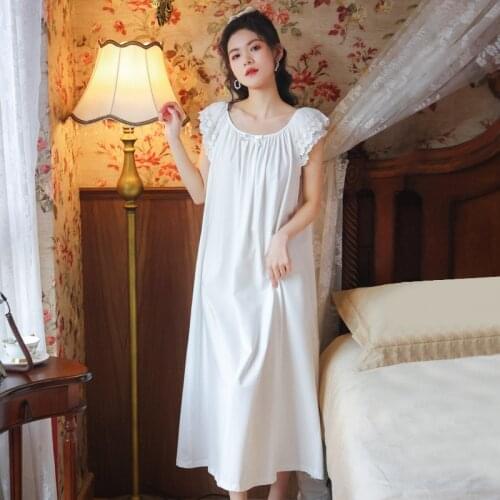 Victorian Sleep Night Dress Women Cotton White Lace Peignoirs Princess Sleepwear Nightwear Vintage Nightgowns Ladies Lounge Wear