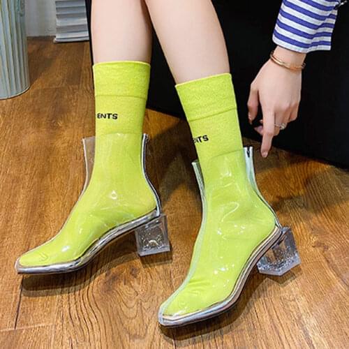New 2021 Women Fashion Rain Boots Female PU Leather Platform Transparent Short Shoes Ladies Slide ZIip No Slip Block Heels Boot
