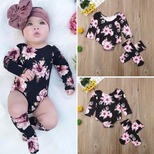 New Baby Girl Flower Romper Toddler Jumpsuit+Leg Warmers Outfits Newborn Clothes Girls Flower Long Sleeves Romper Kids Socks