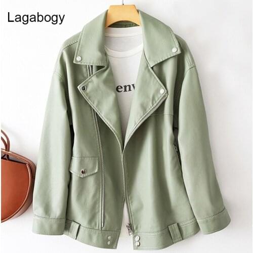 Lagabogy Autumn Women PU Leather Jacket Loose Soft Faux Moto Biker Coat Female Zipper Rivet Vintage Turn Down Collar Outwear