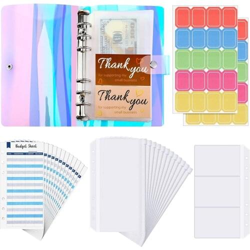 28 Pieces A6 Binder PVC Notebook Waterproof 6-Ring Binder Cover with Pockets Budget Sheets Card Bag and Labels