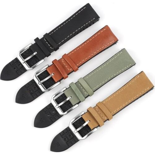 Cow Leather Wacth Strap 20mm 22mm Stainless Steel Buckle Silicone Rubber Bottom Soft Watch Band Waterproof Replacement