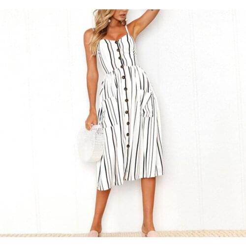 Casual Vintage Sundress Women Summer Dress 2019 Boho Sexy Dress Midi Button Backless Polka Dot Striped Floral Beach Dress Female