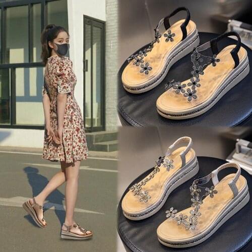 Slope Heel Women Sandals 2021 New Summer Ladies Fashion Fairy Style Printed Flat Shoes Fish Mouth Sandals