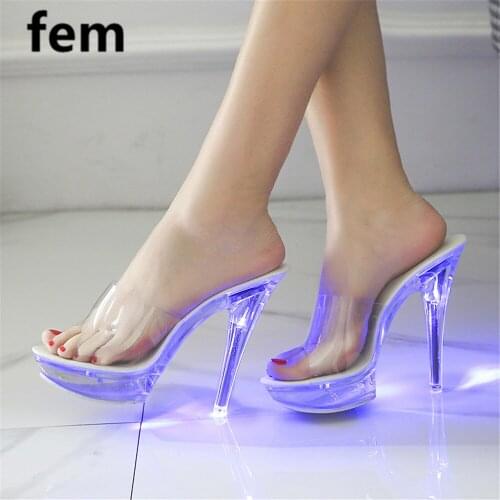 FEM Women Shoes Light Slides Transparent Lace Clear Shoes Women Glowing Slippers High Heels Summer Sandals Night Party Shoes