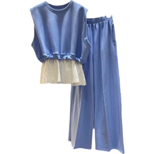 Korean Summer Womens suit O-neck Sleeveless Patchwork Drawstring Tops Women 2021 + Wide Leg Pants Casual Two Pice Set Clothes